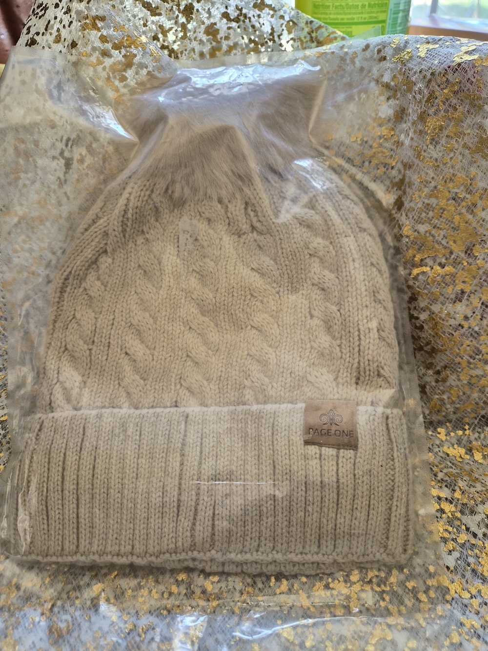 PAGE ONE Cable Knit Pom Beanie - Beige - Picture 2 of 5